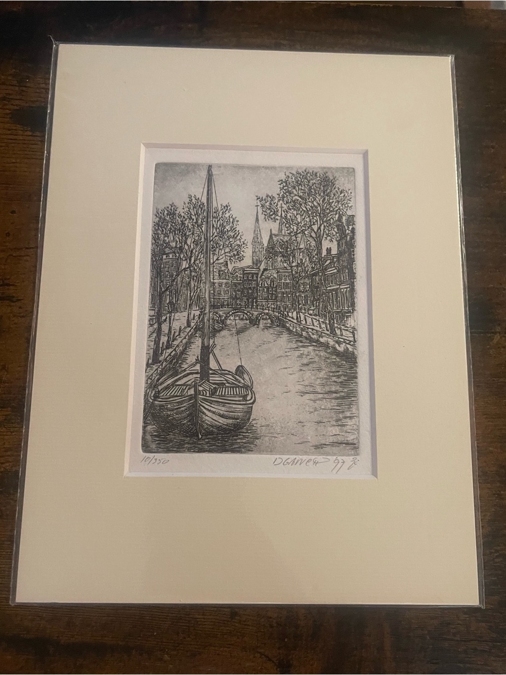 Black and White Canal Boat Etching - Home Art